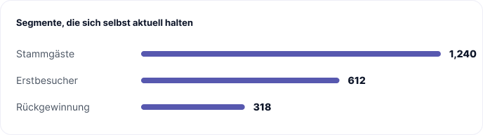 Balkendiagramm der Publikumssegmente, die sich selbst aktuell halten: 1.240 Stammgäste, 612 Erstbesucher und 318 Kontakte zur Rückgewinnung.